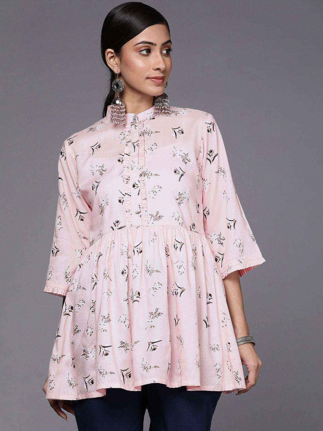 Pink Printed Cotton A-Line Kurti