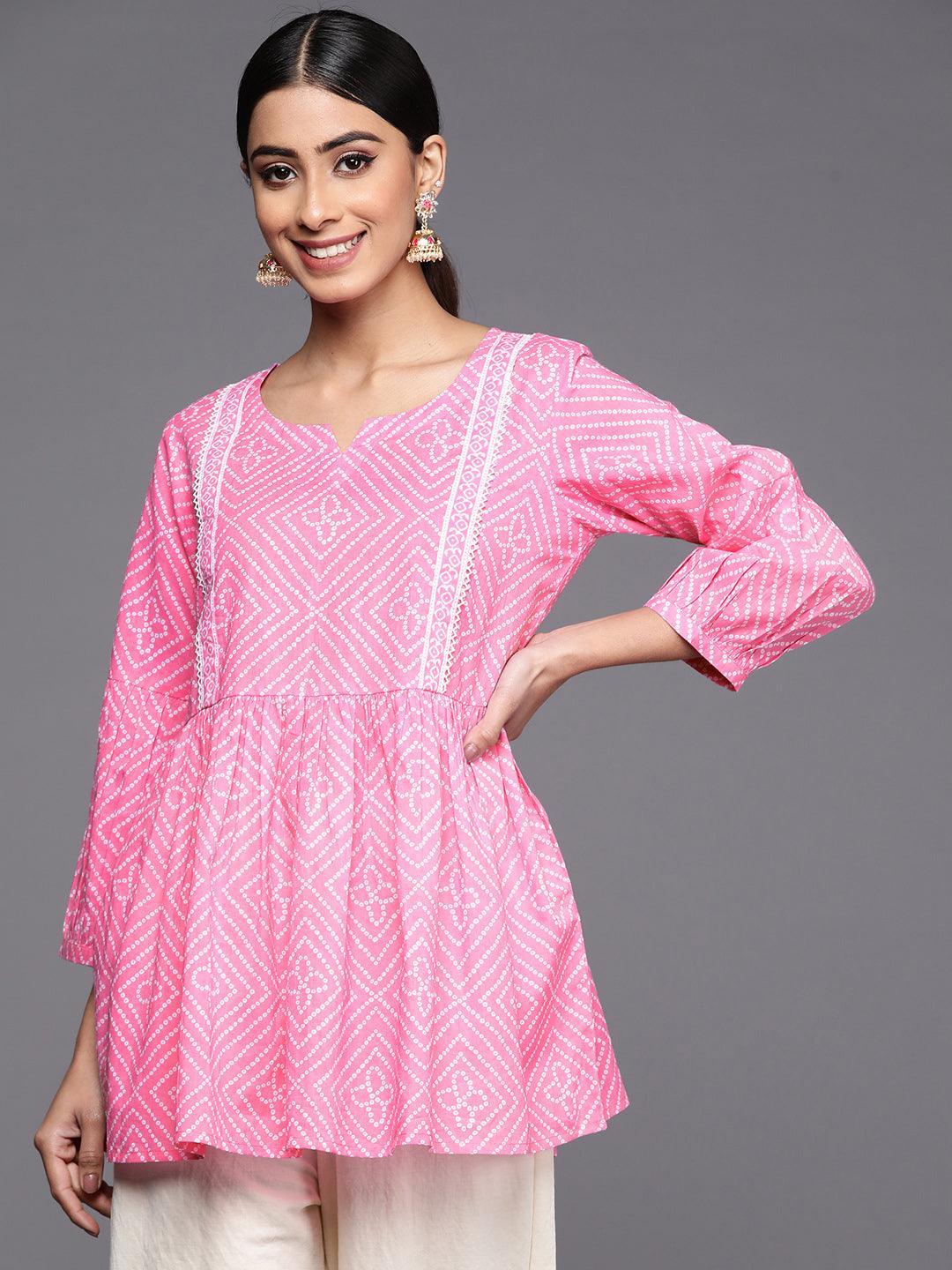 Pink Printed Cotton A-Line Kurti