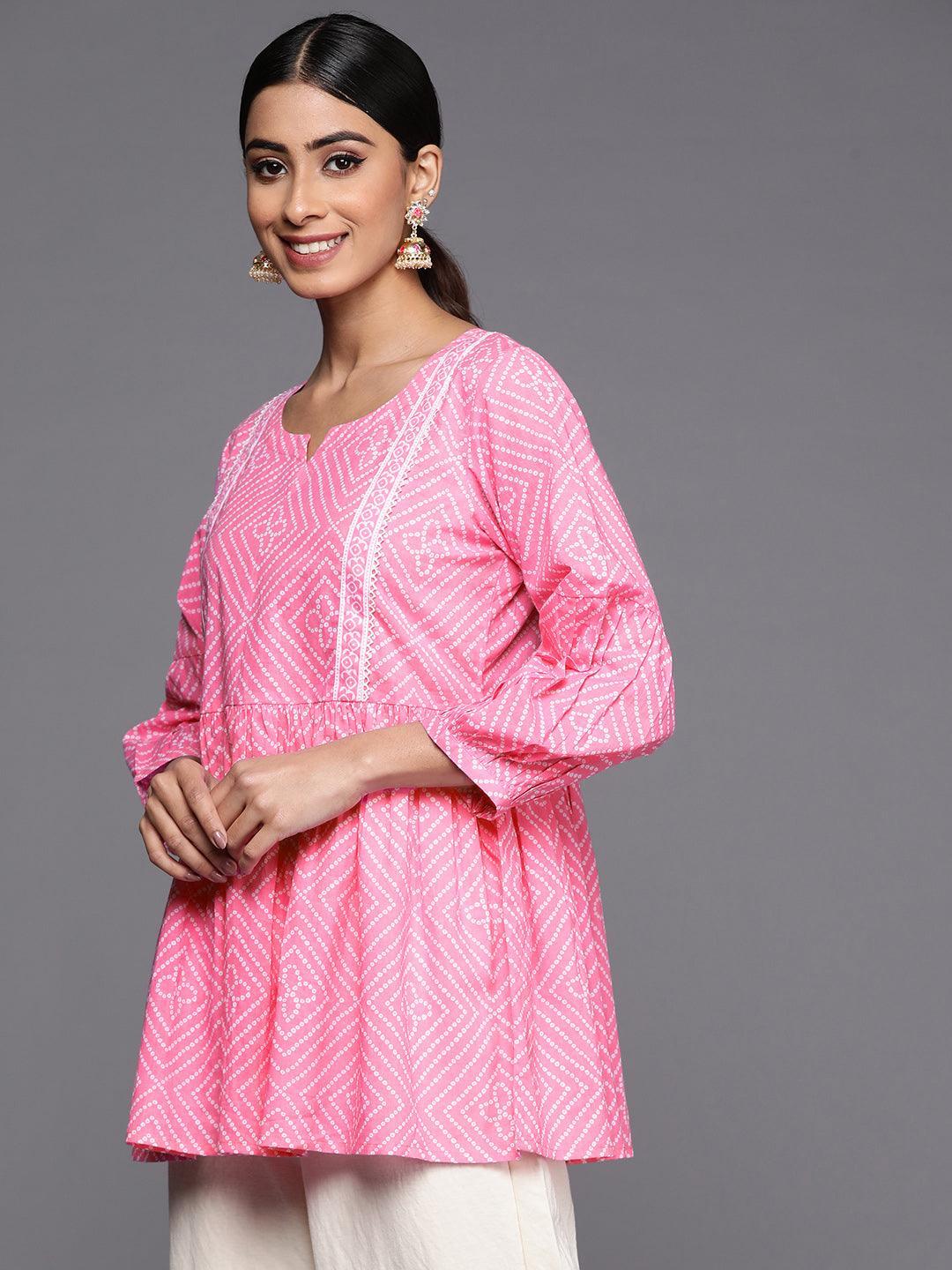 Pink Printed Cotton A-Line Kurti