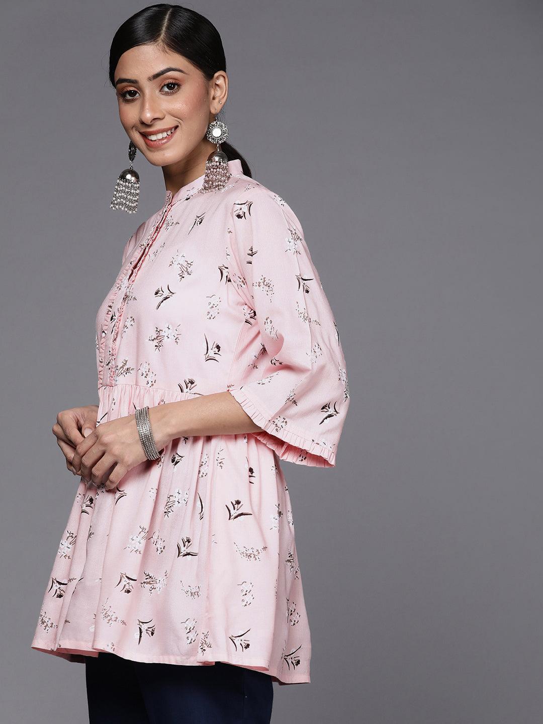 Pink Printed Cotton A-Line Kurti