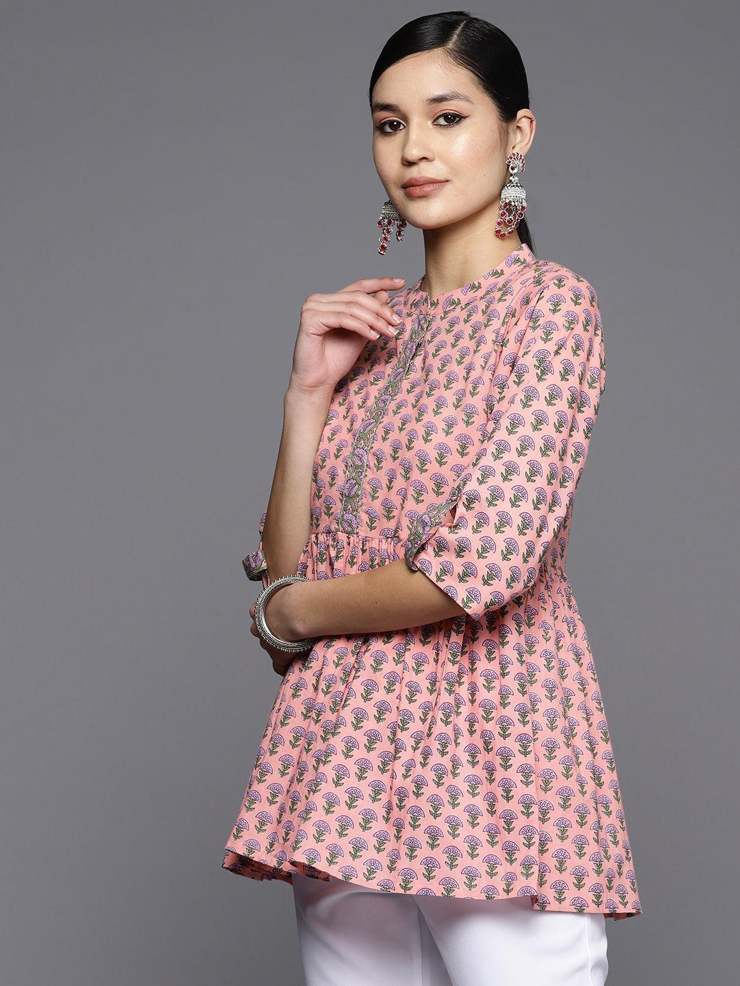 Pink Printed Cotton A-Line Kurti