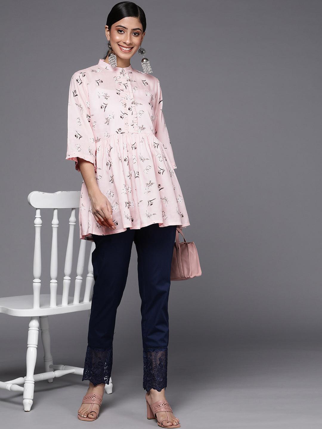 Pink Printed Cotton A-Line Kurti