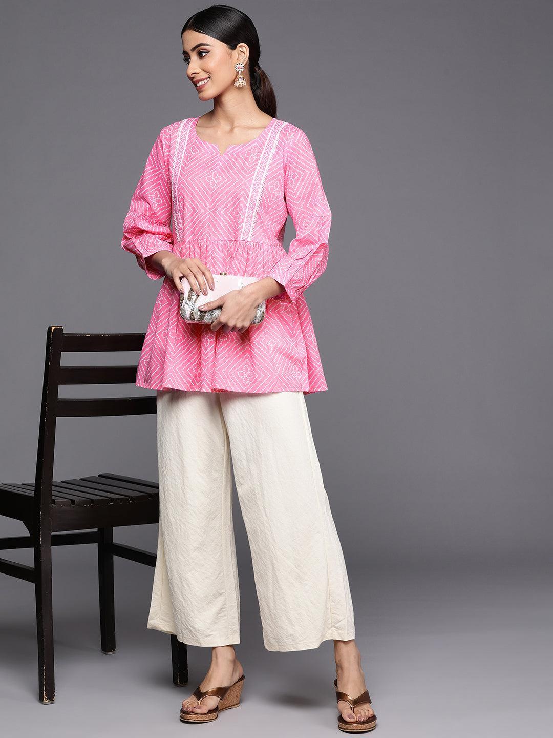 Pink Printed Cotton A-Line Kurti