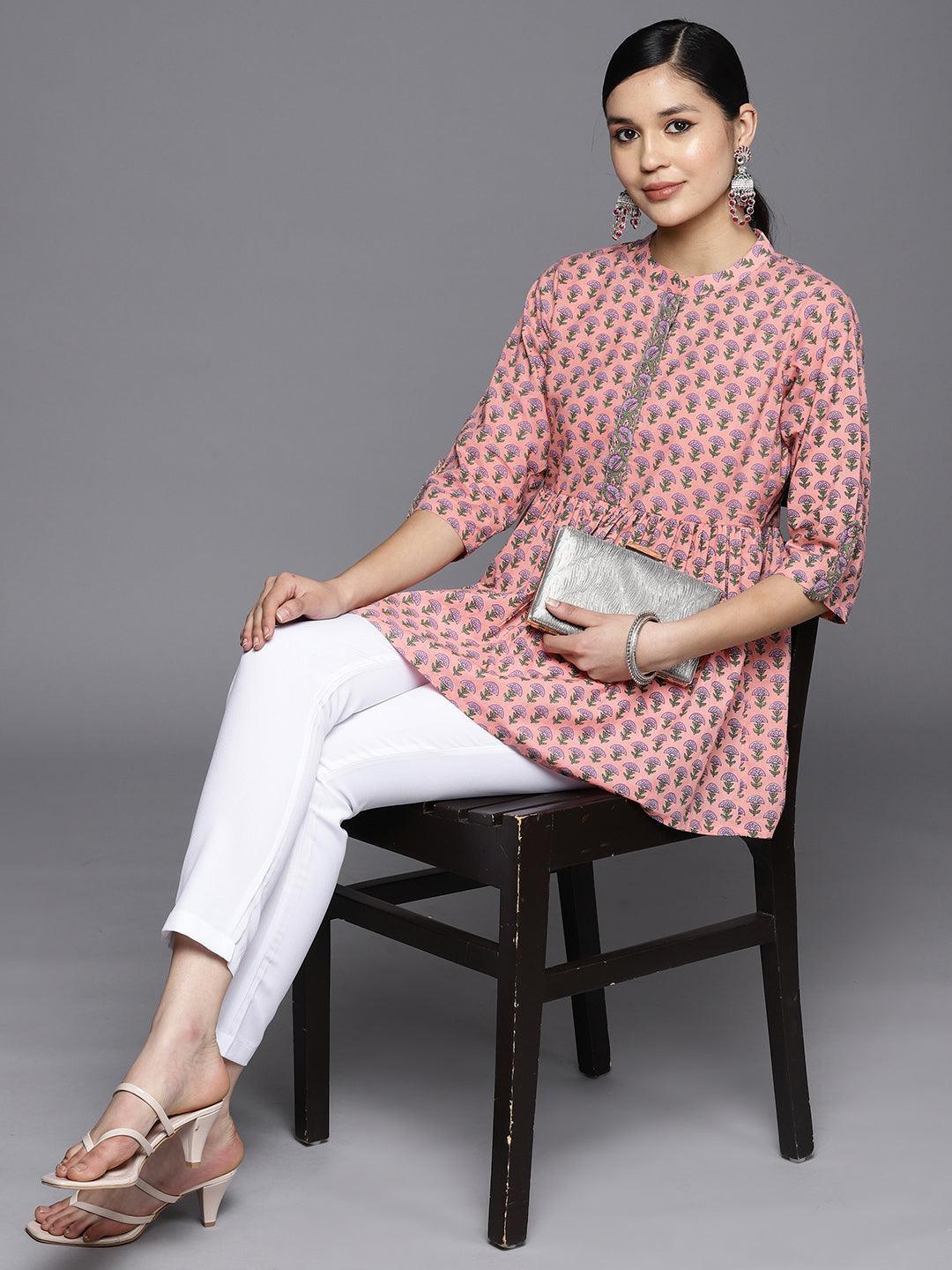 Pink Printed Cotton A-Line Kurti