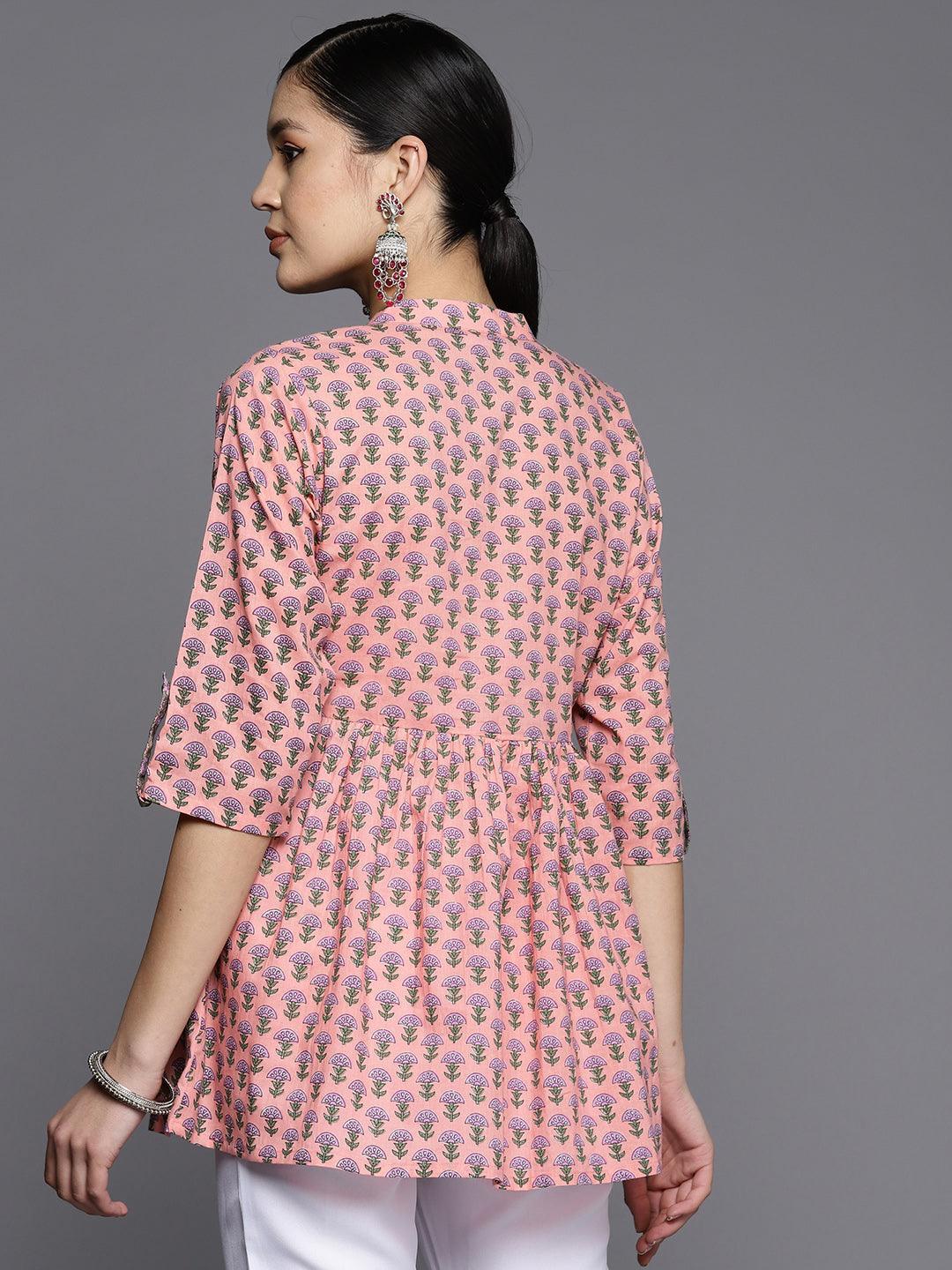 Pink Printed Cotton A-Line Kurti