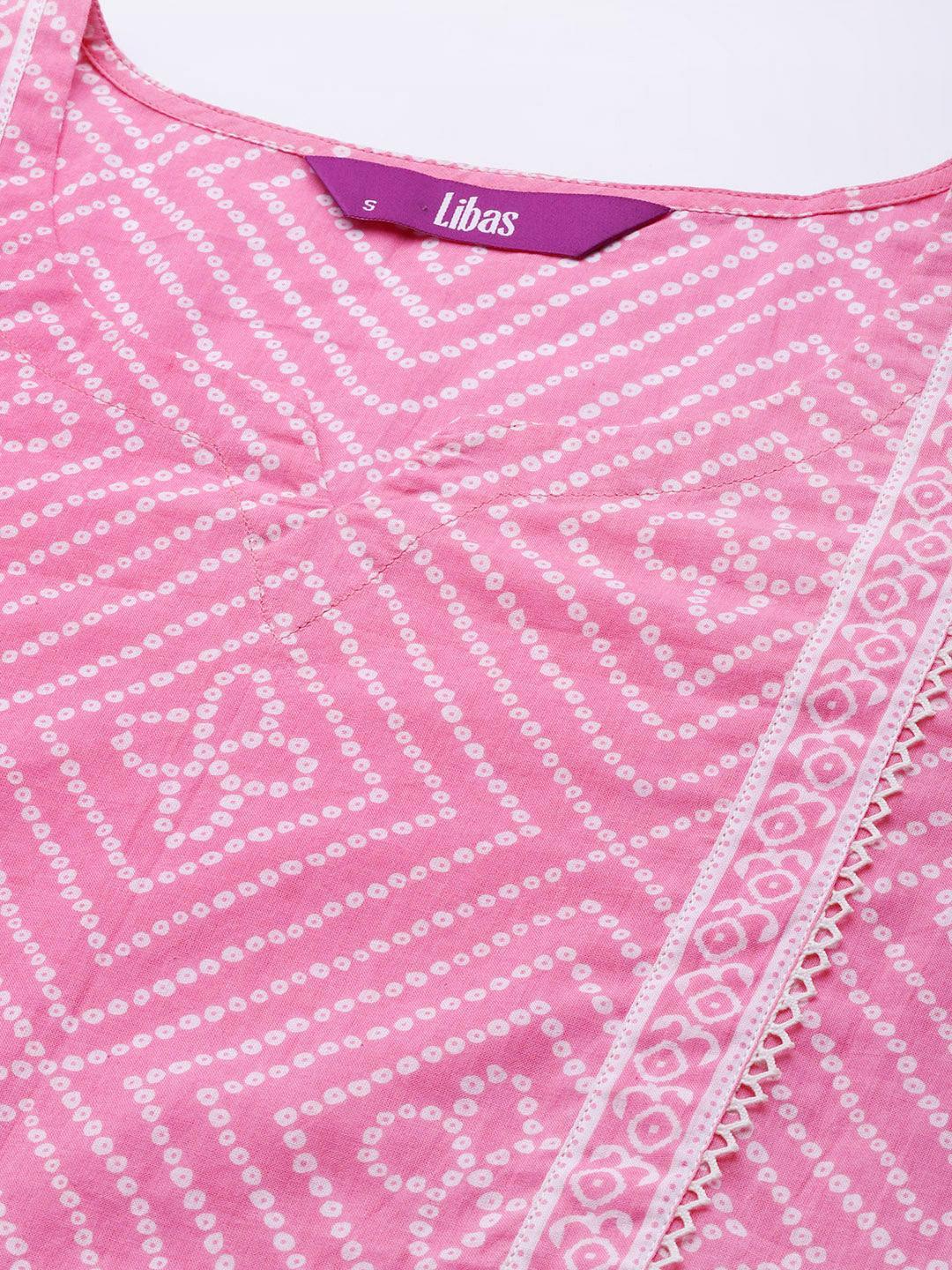 Pink Printed Cotton A-Line Kurti