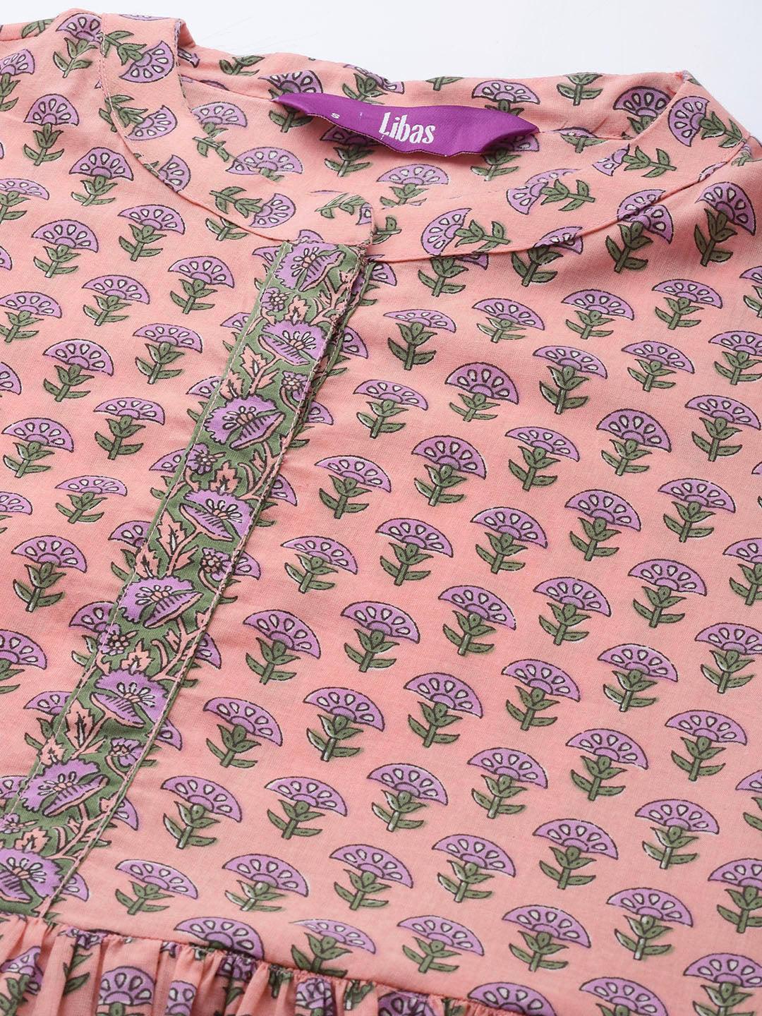 Pink Printed Cotton A-Line Kurti - ShopLibas