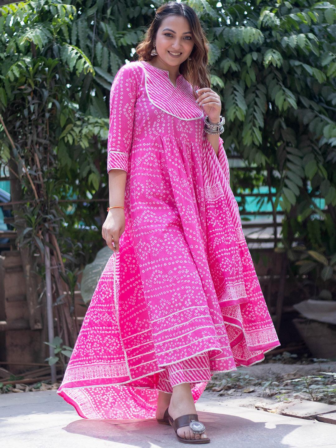 Pink Printed Cotton Anarkali Suit Set