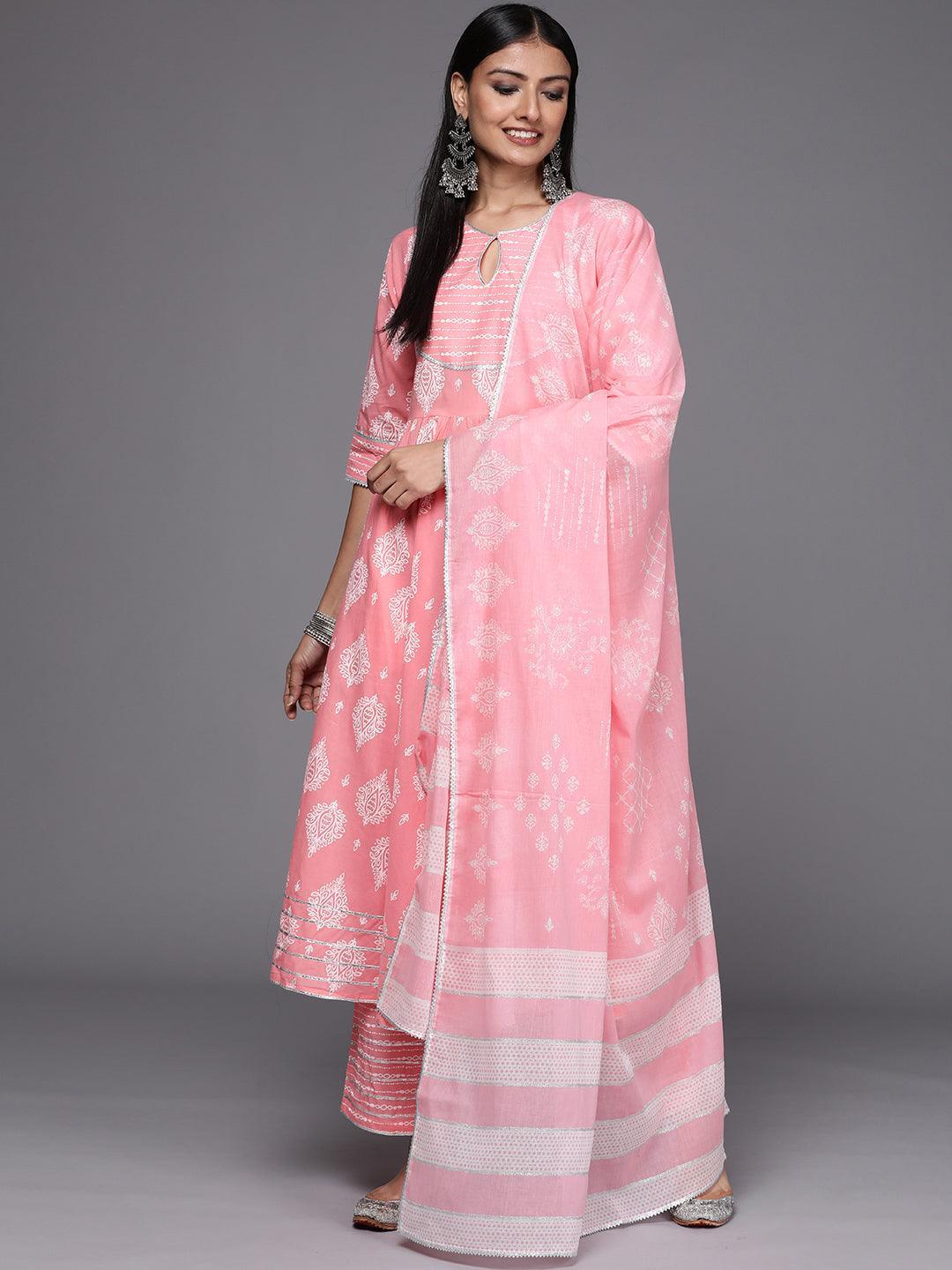 Pink Printed Cotton Anarkali Suit Set