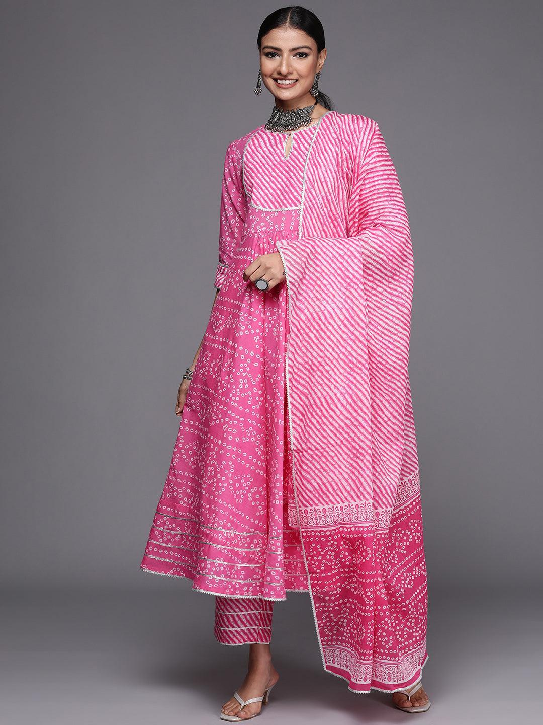 Pink Printed Cotton Anarkali Suit Set