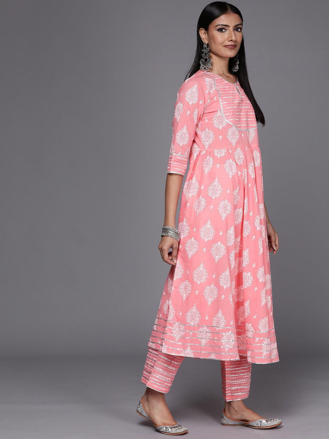 Pink Printed Cotton Anarkali Suit Set