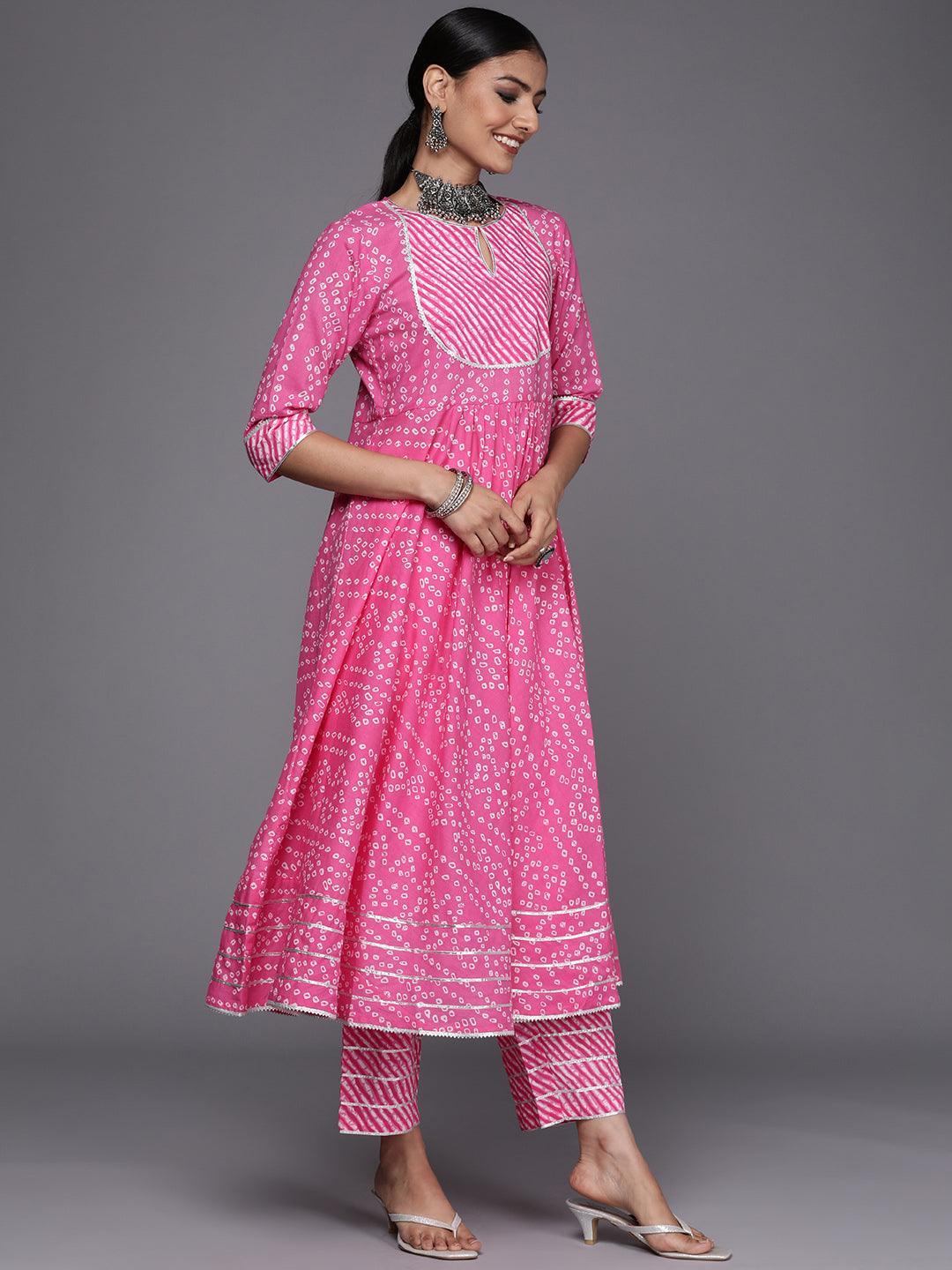 Pink Printed Cotton Anarkali Suit Set