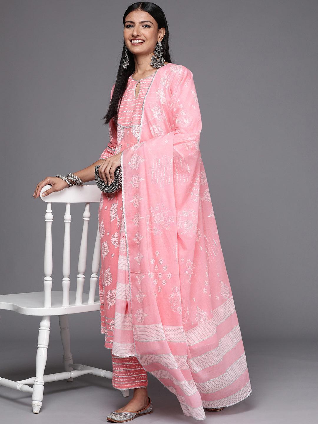 Pink Printed Cotton Anarkali Suit Set