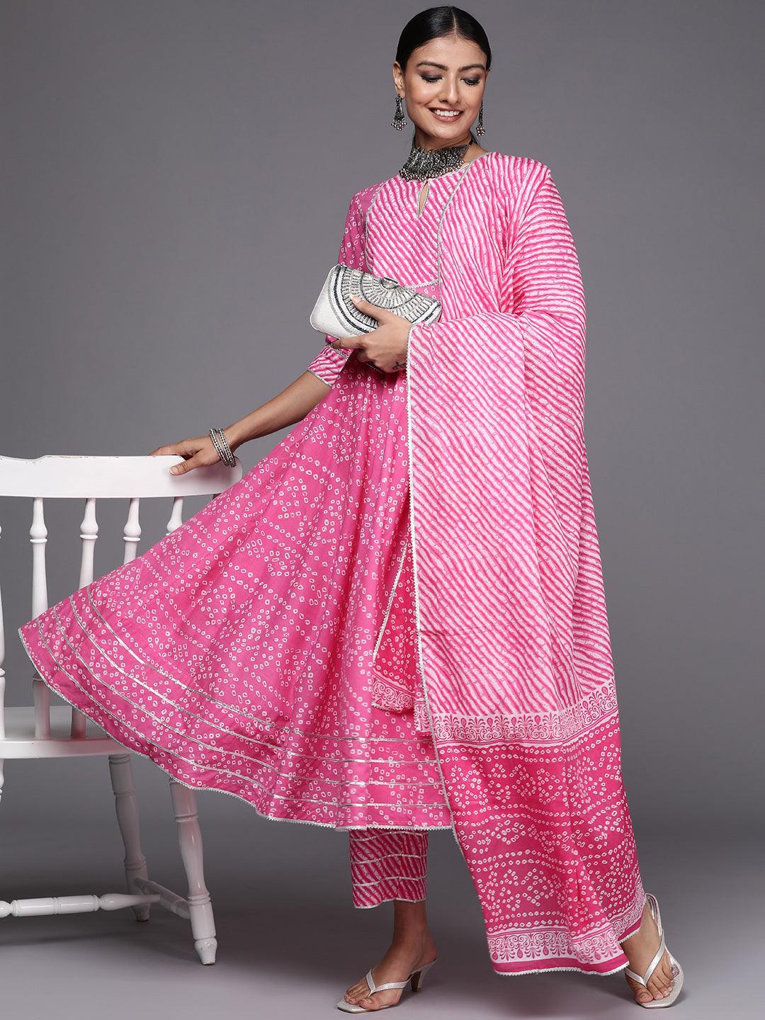 Pink Printed Cotton Anarkali Suit Set