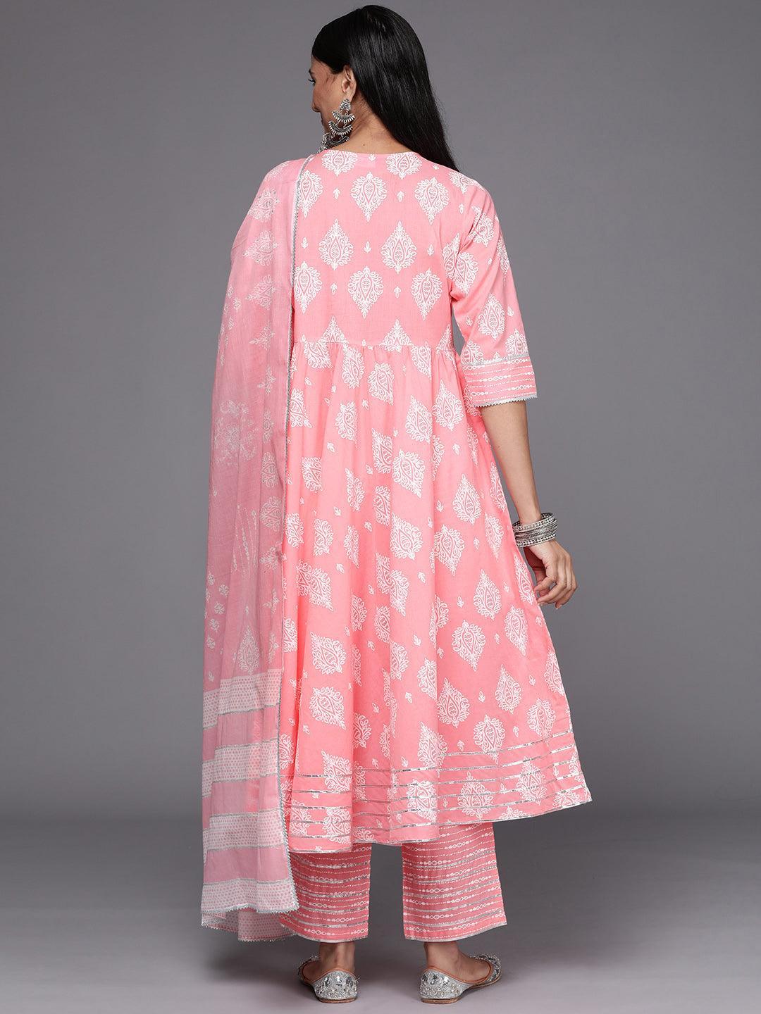 Pink Printed Cotton Anarkali Suit Set