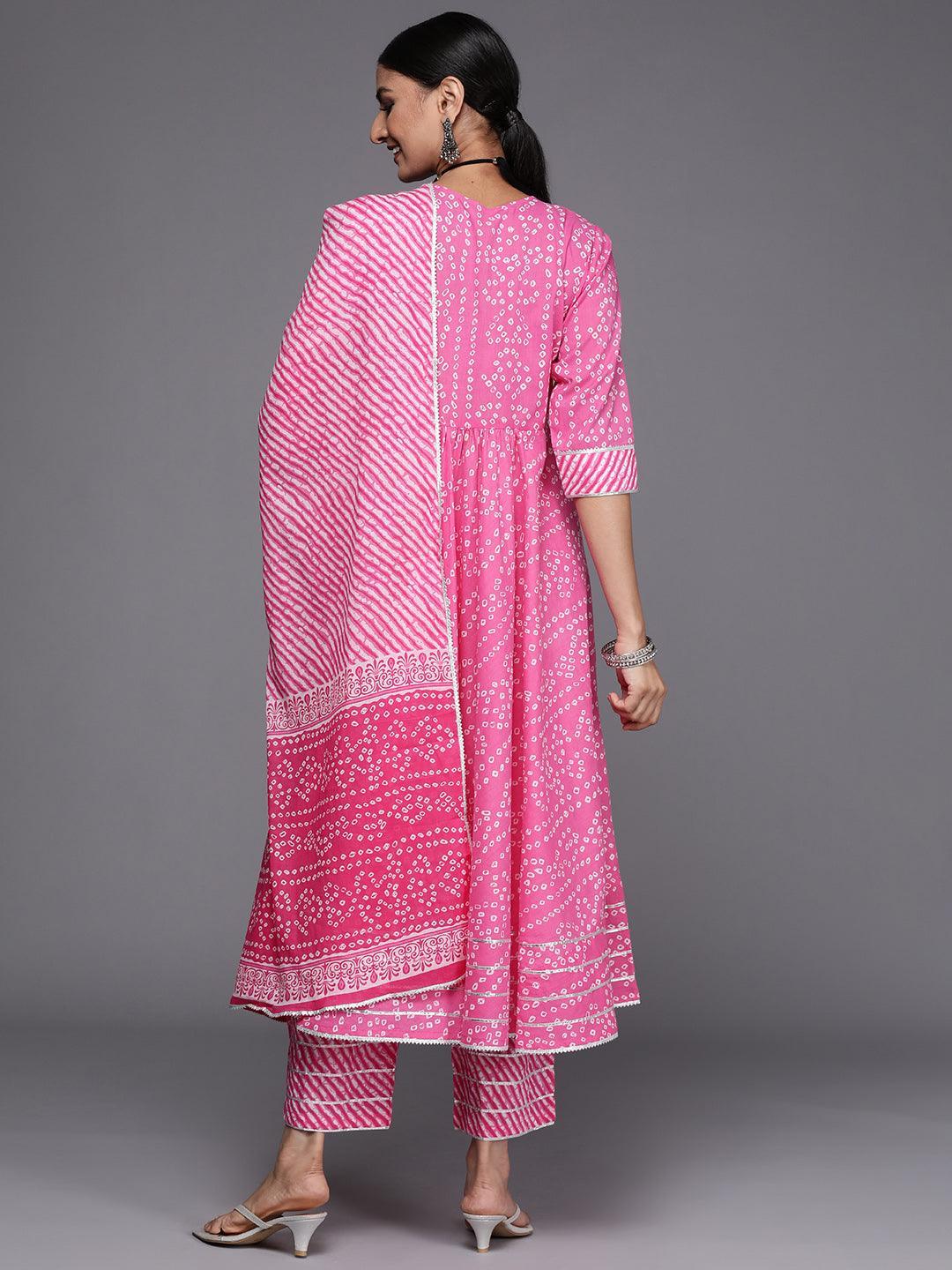 Pink Printed Cotton Anarkali Suit Set