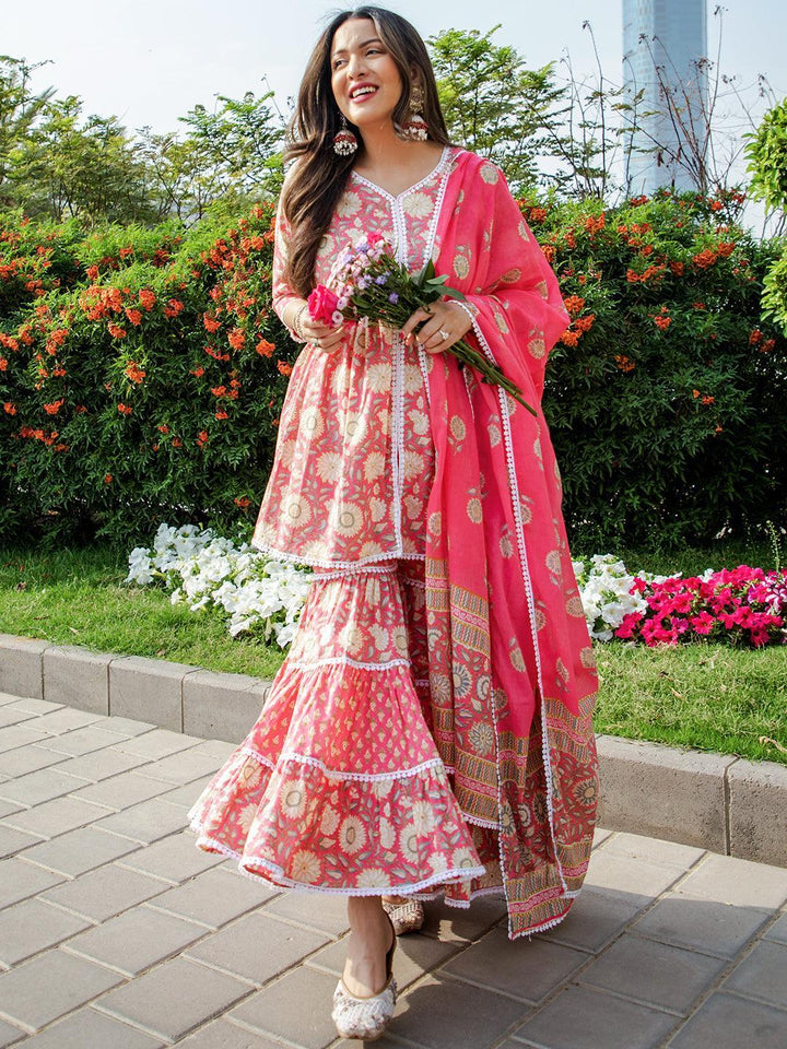 Pink Printed Cotton Anarkali Sharara Suit Set - ShopLibas