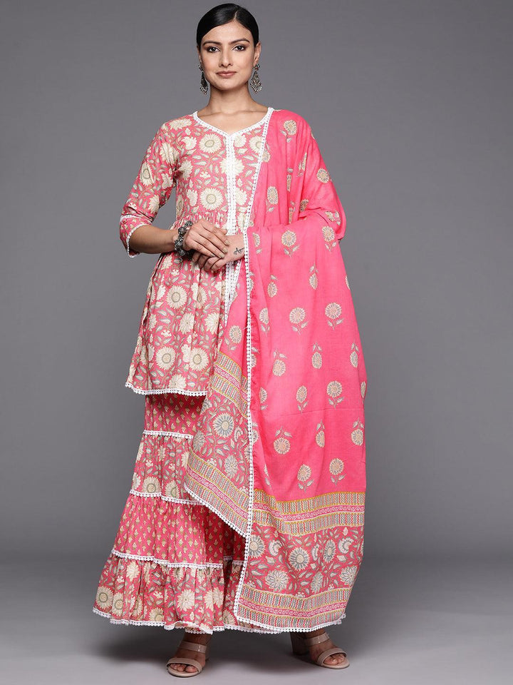 Pink Printed Cotton Anarkali Sharara Suit Set - ShopLibas