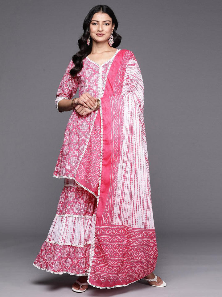 Pink Printed Cotton Anarkali Sharara Suit Set - ShopLibas