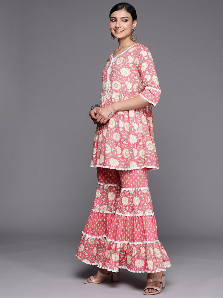 Pink Printed Cotton Anarkali Sharara Suit Set - ShopLibas