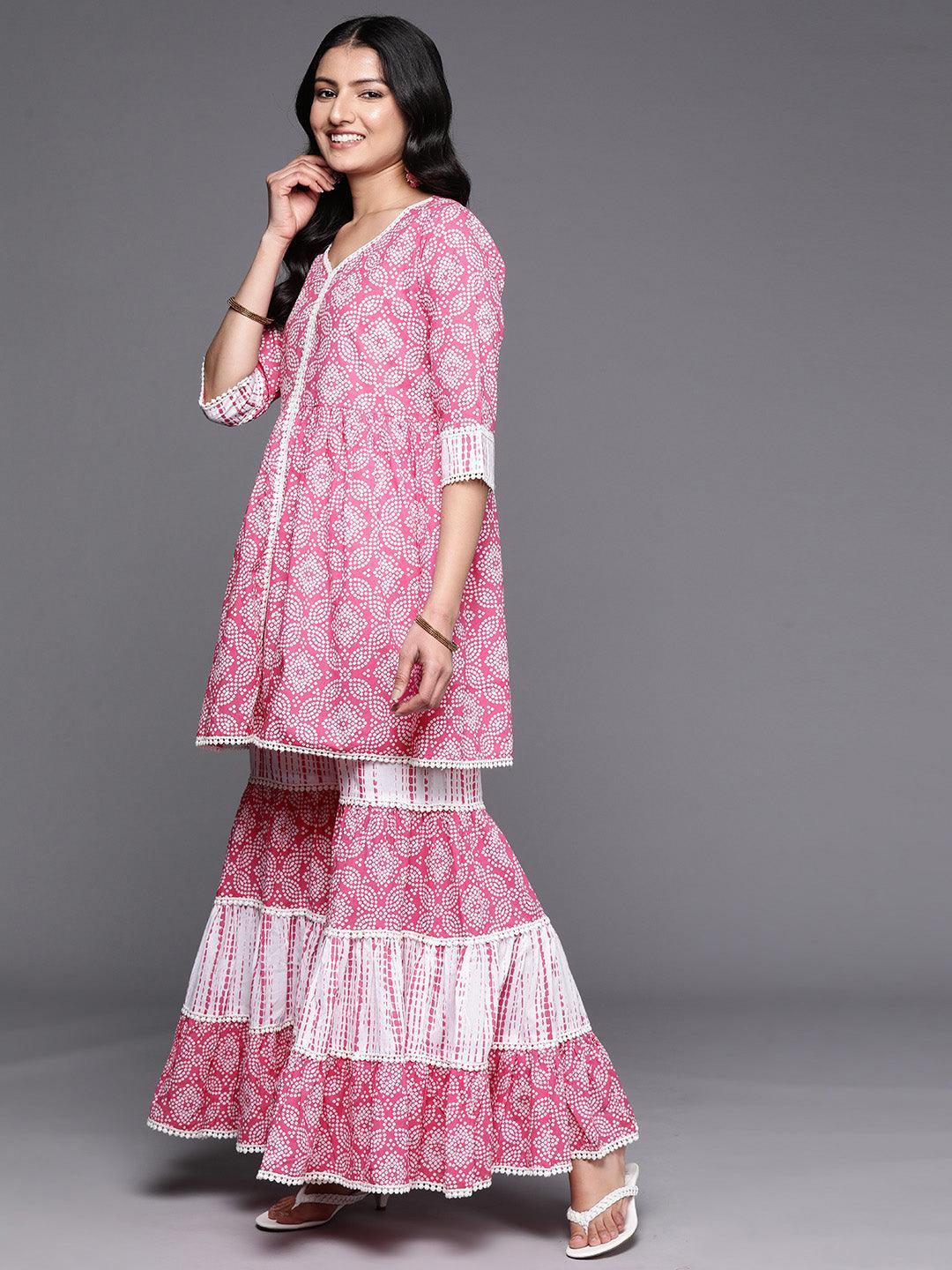 Pink Printed Cotton Anarkali Sharara Suit Set - ShopLibas