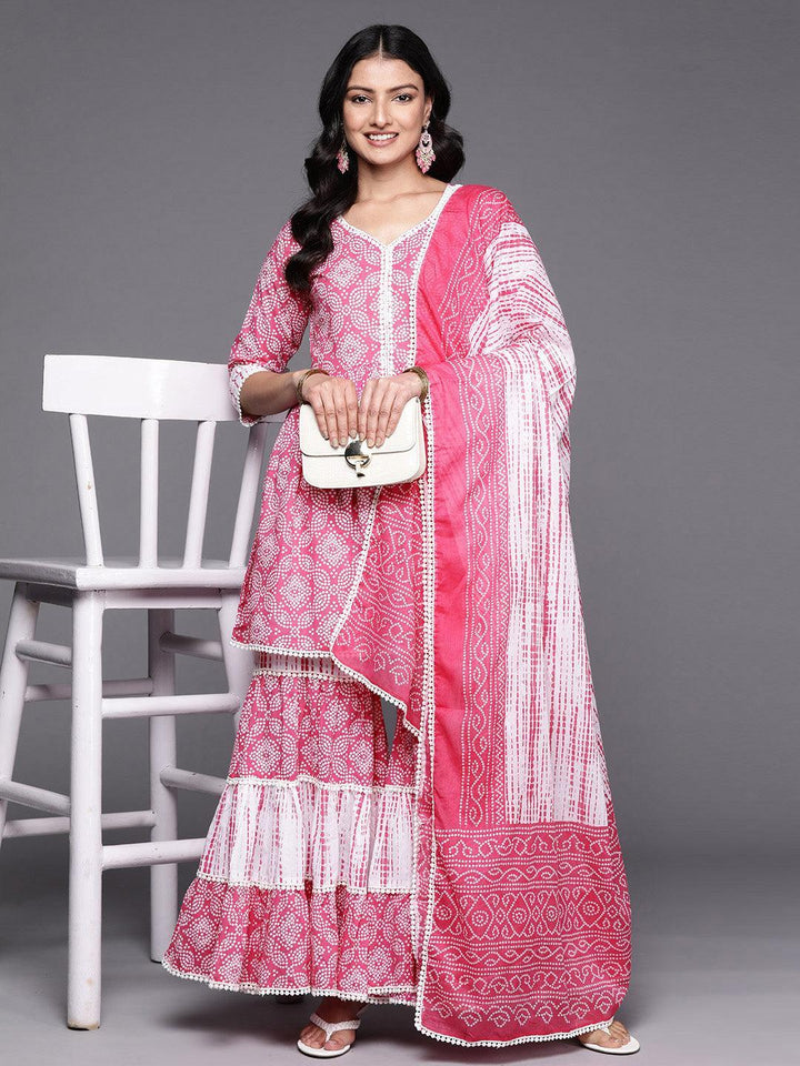 Pink Printed Cotton Anarkali Sharara Suit Set - ShopLibas