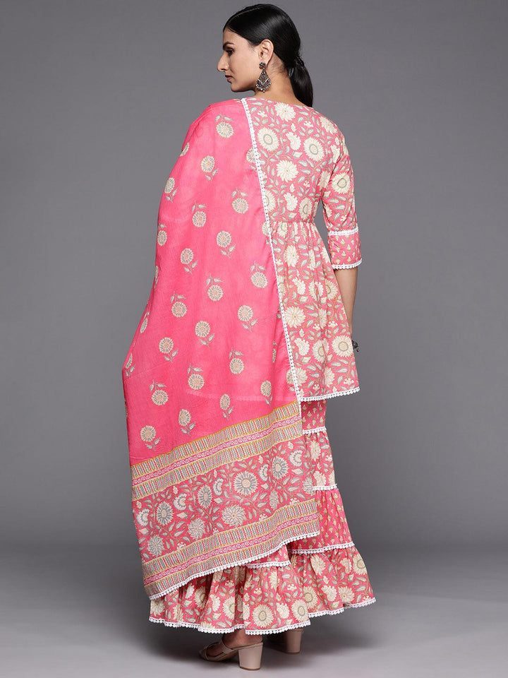 Pink Printed Cotton Anarkali Sharara Suit Set - ShopLibas