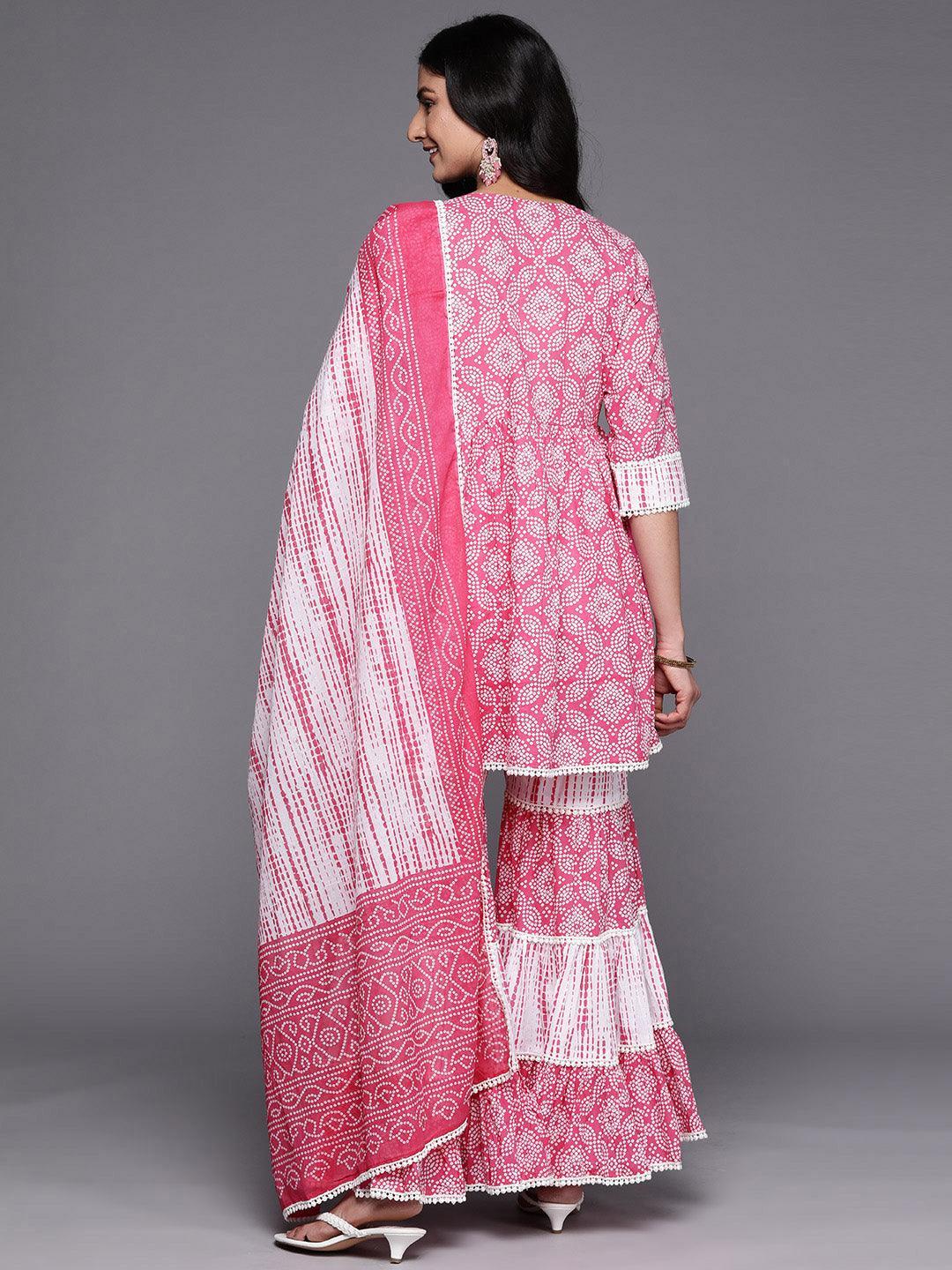 Pink Printed Cotton Anarkali Sharara Suit Set - ShopLibas