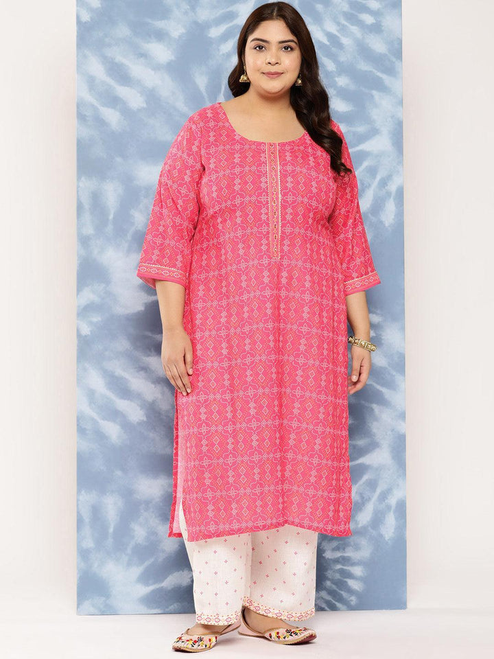 Pink Printed Cotton Blend Straight Kurta With Trousers - Libas