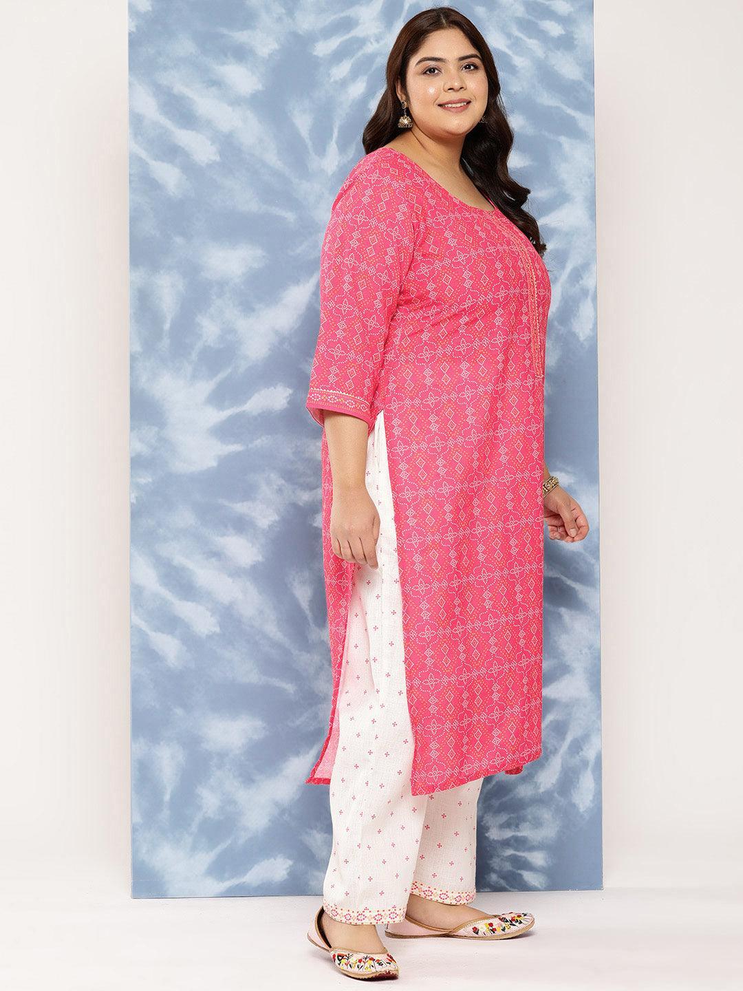 Pink Printed Cotton Blend Straight Kurta With Trousers