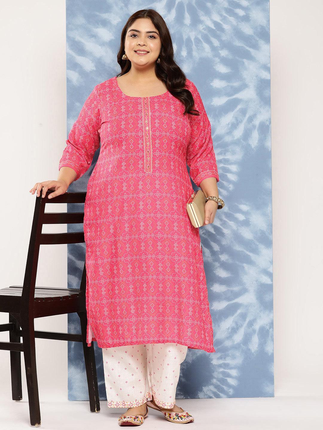 Pink Printed Cotton Blend Straight Kurta With Trousers