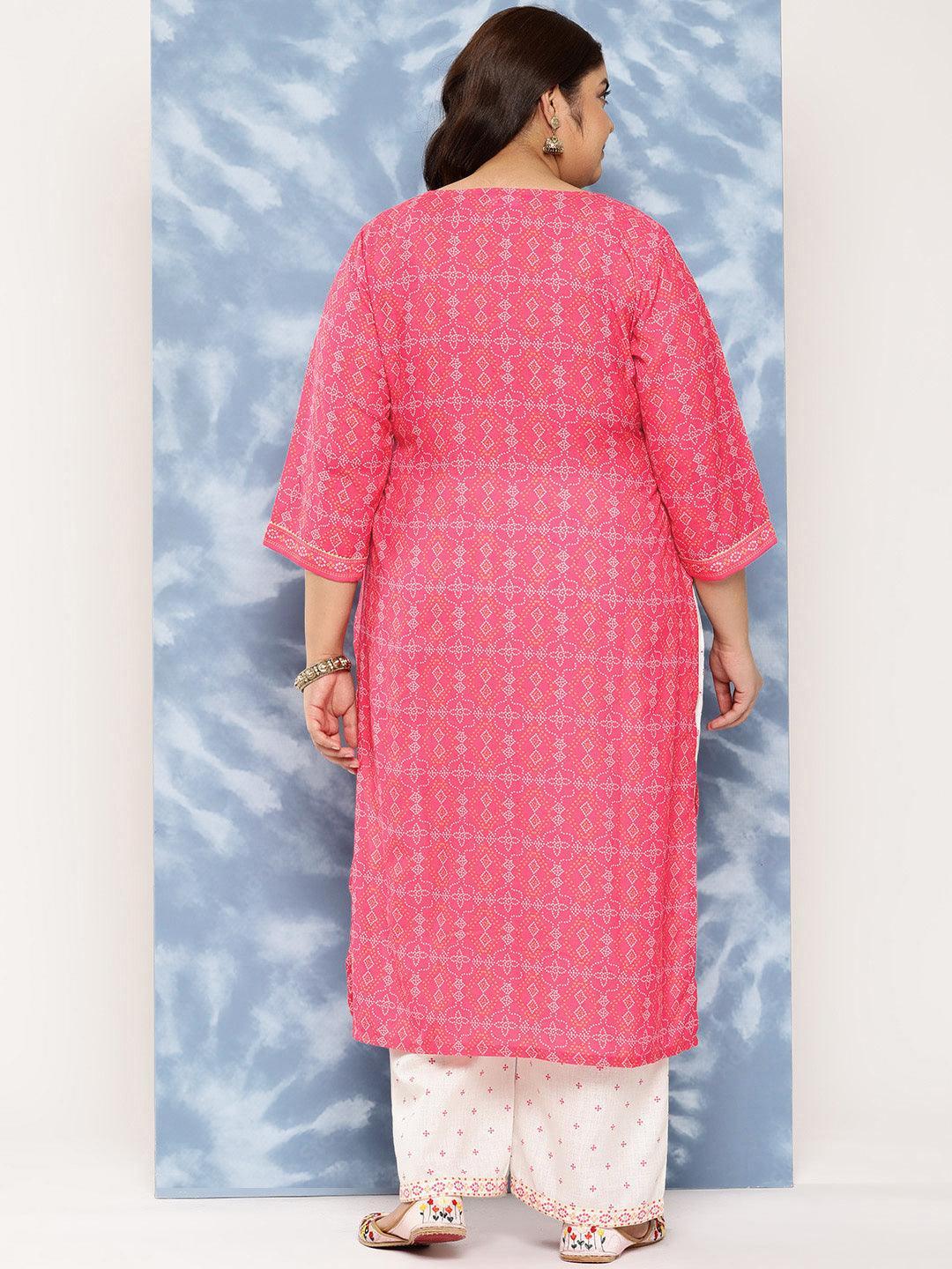 Pink Printed Cotton Blend Straight Kurta With Trousers