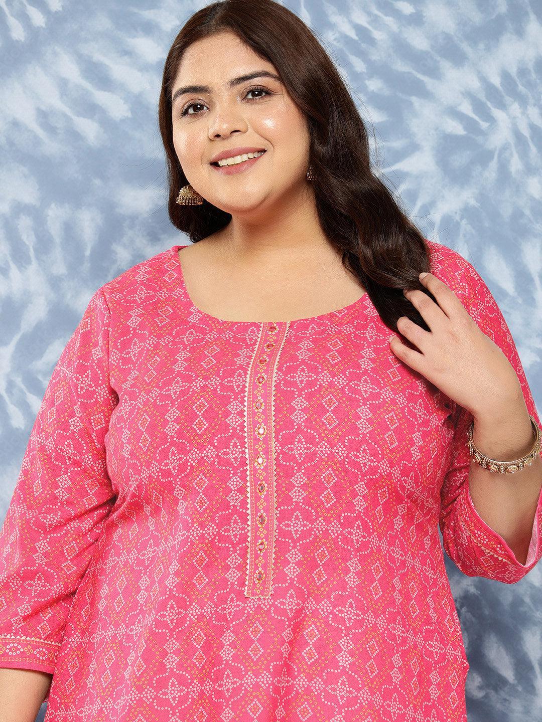 Pink Printed Cotton Blend Straight Kurta With Trousers - Libas