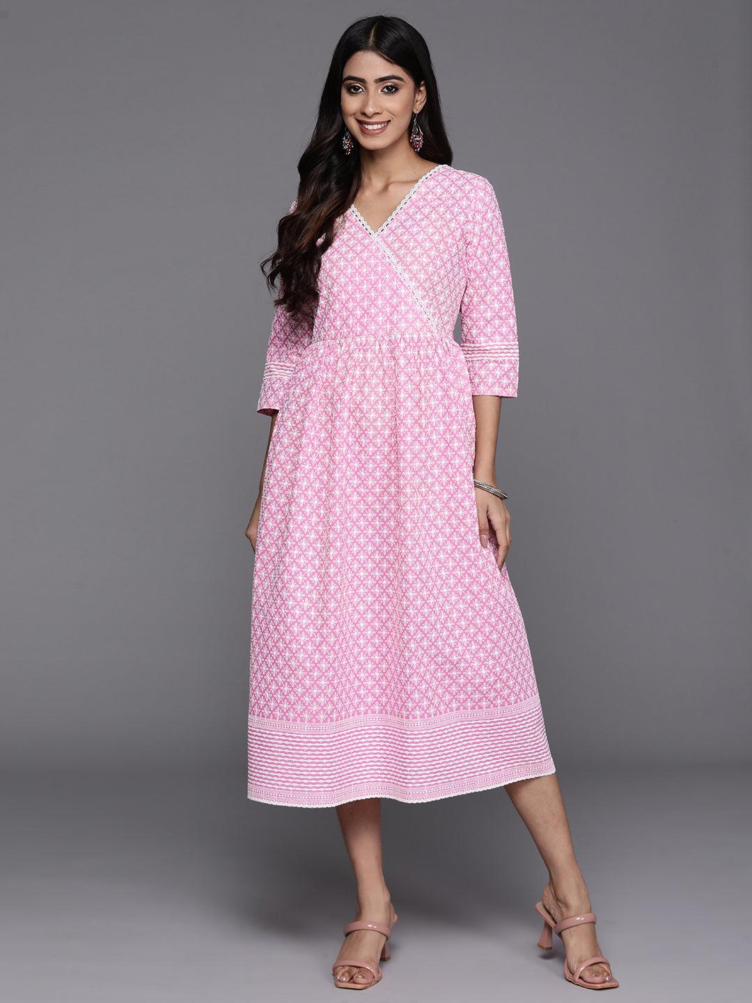 Pink Printed Cotton Fit and Flare Dress