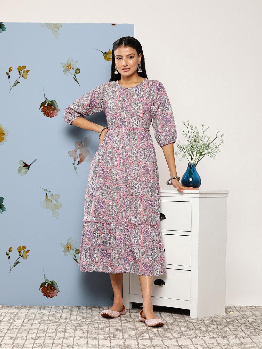 Pink Printed Cotton Fit and Flare Dress