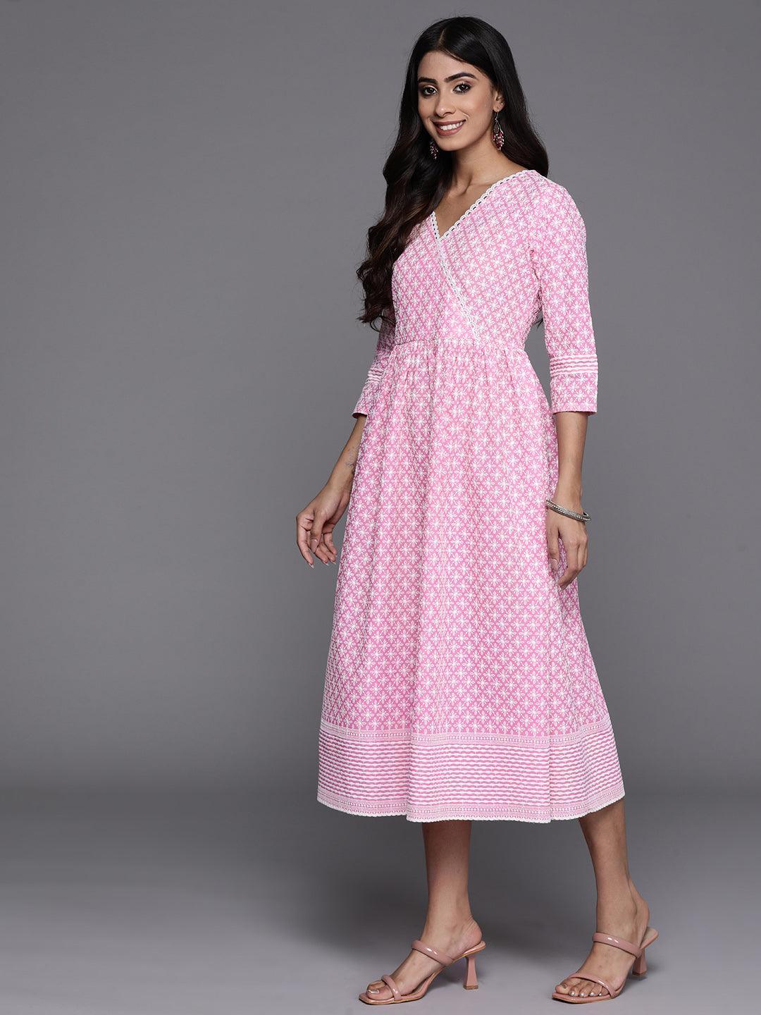 Pink Printed Cotton Fit and Flare Dress