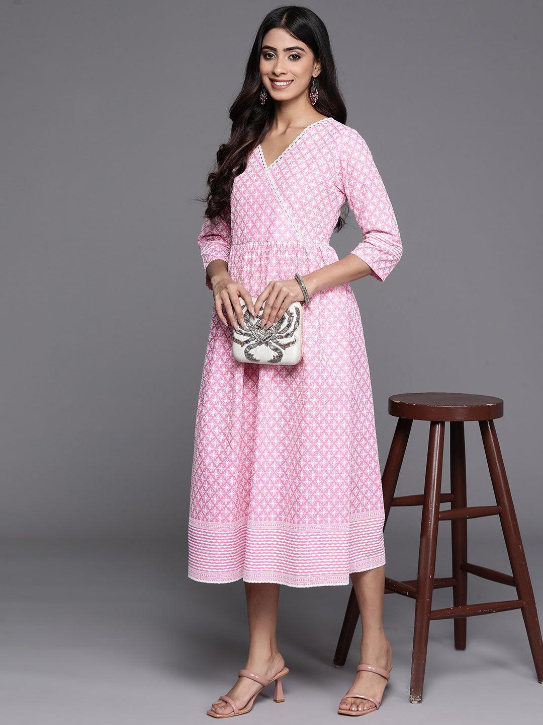 Pink Printed Cotton Fit and Flare Dress