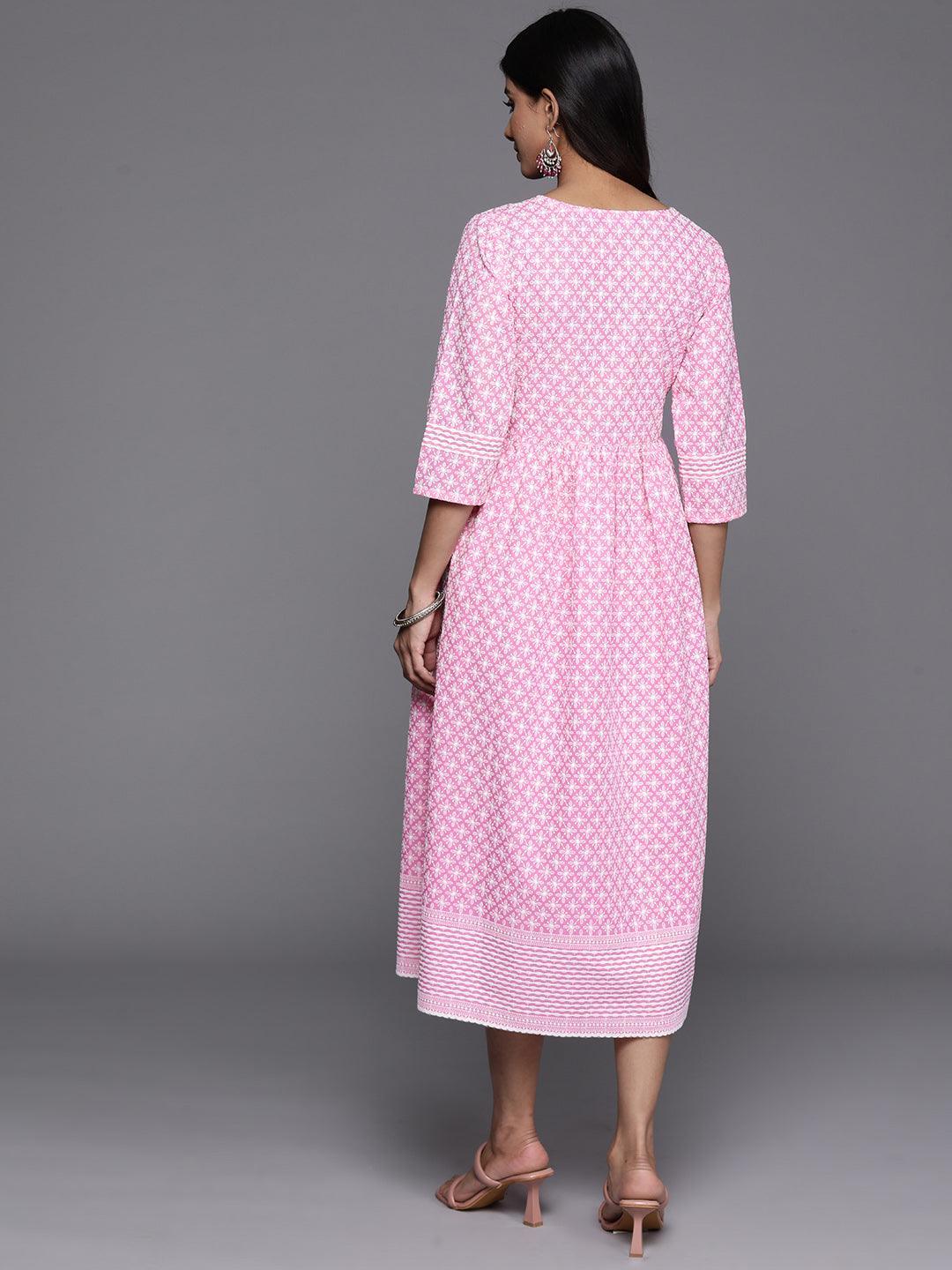 Pink Printed Cotton Fit and Flare Dress