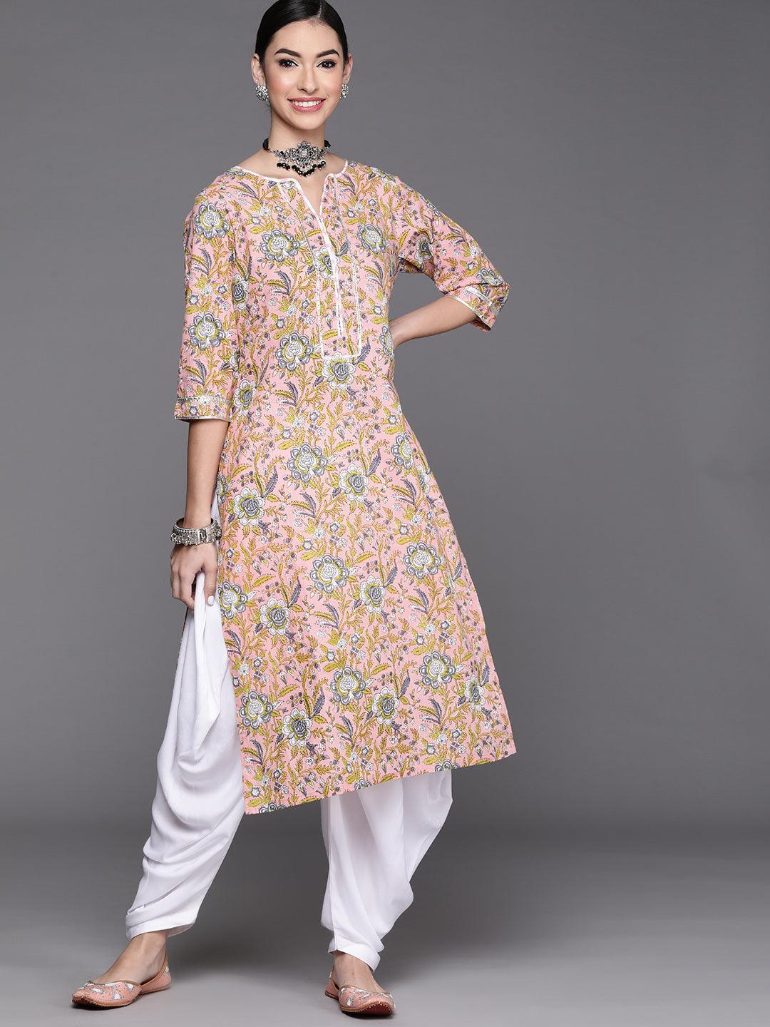 Pink Printed Cotton Kurta - Libas