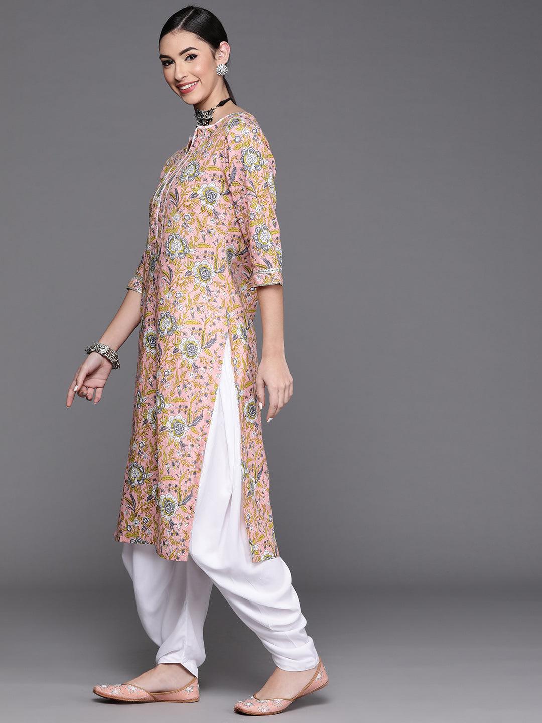 Pink Printed Cotton Kurta - Libas