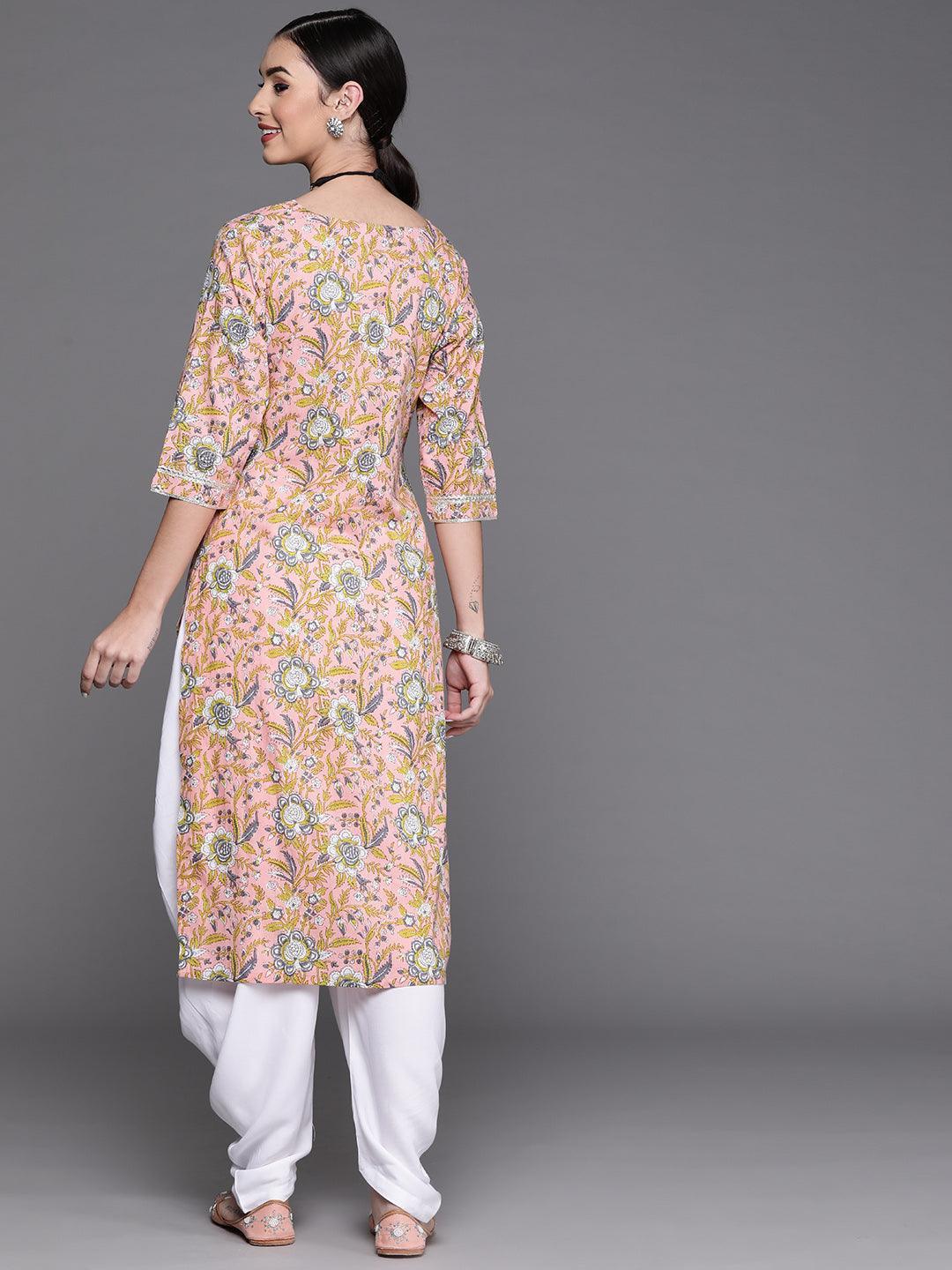 Pink Printed Cotton Kurta - Libas