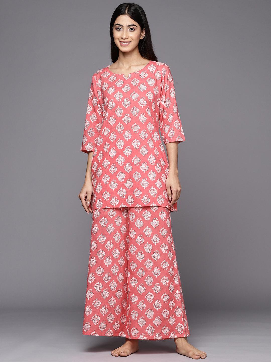 Pink Printed Cotton Night Suit - ShopLibas