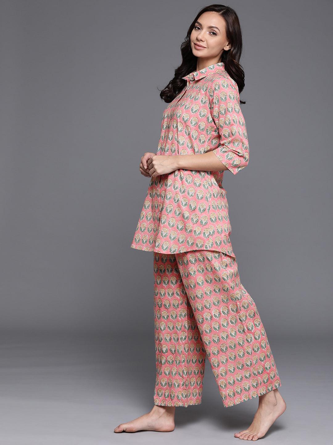 Pink Printed Cotton Night Suit - ShopLibas