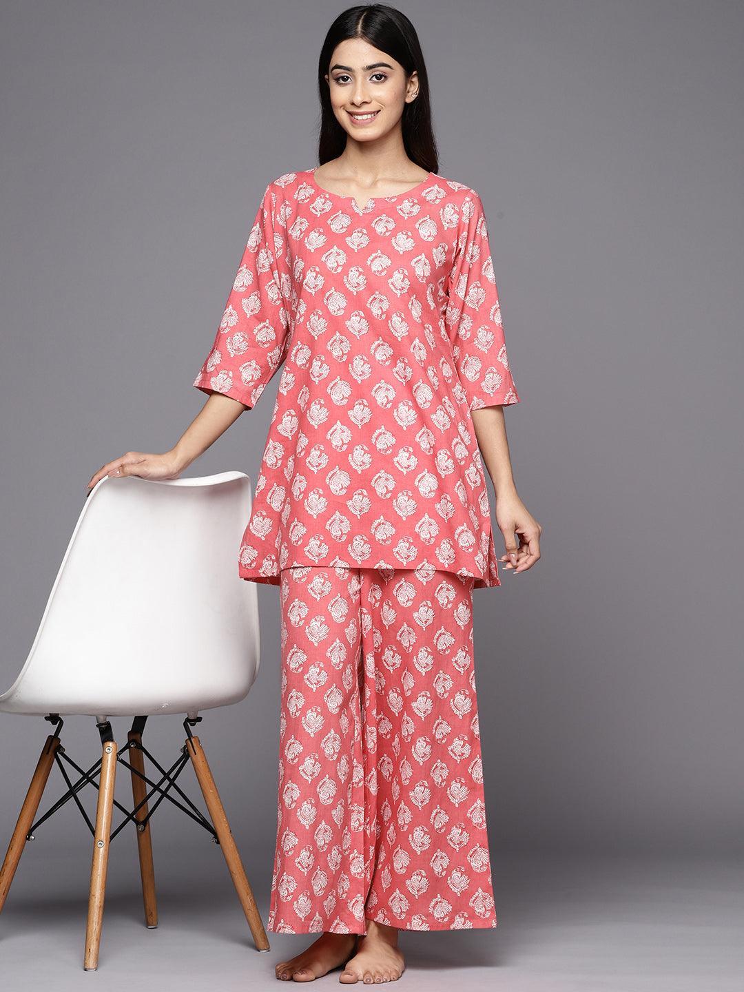 Pink Printed Cotton Night Suit - ShopLibas