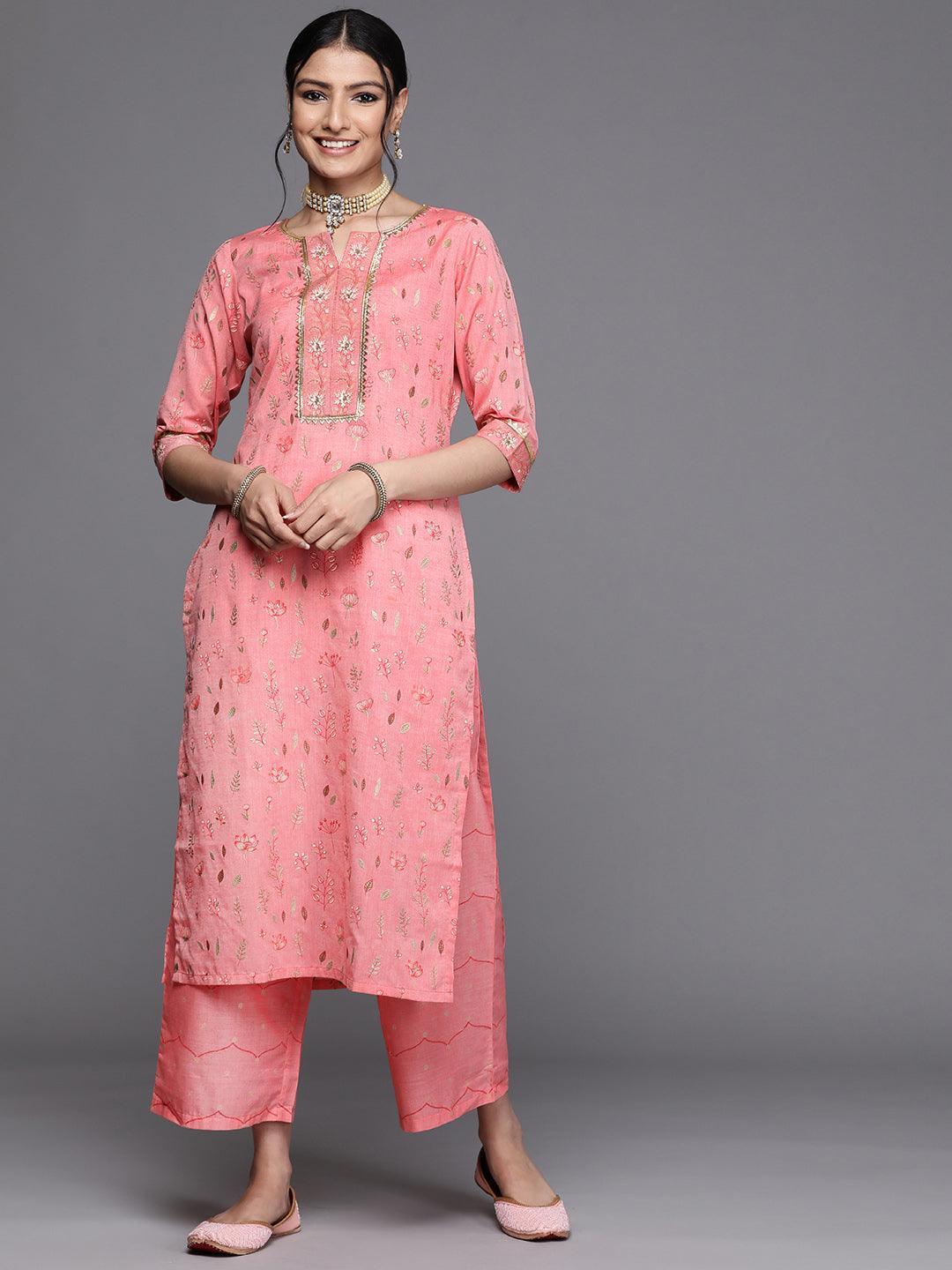 Pink Printed Cotton Silk Kurta - ShopLibas