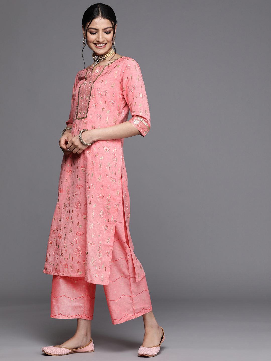 Pink Printed Cotton Silk Kurta - ShopLibas