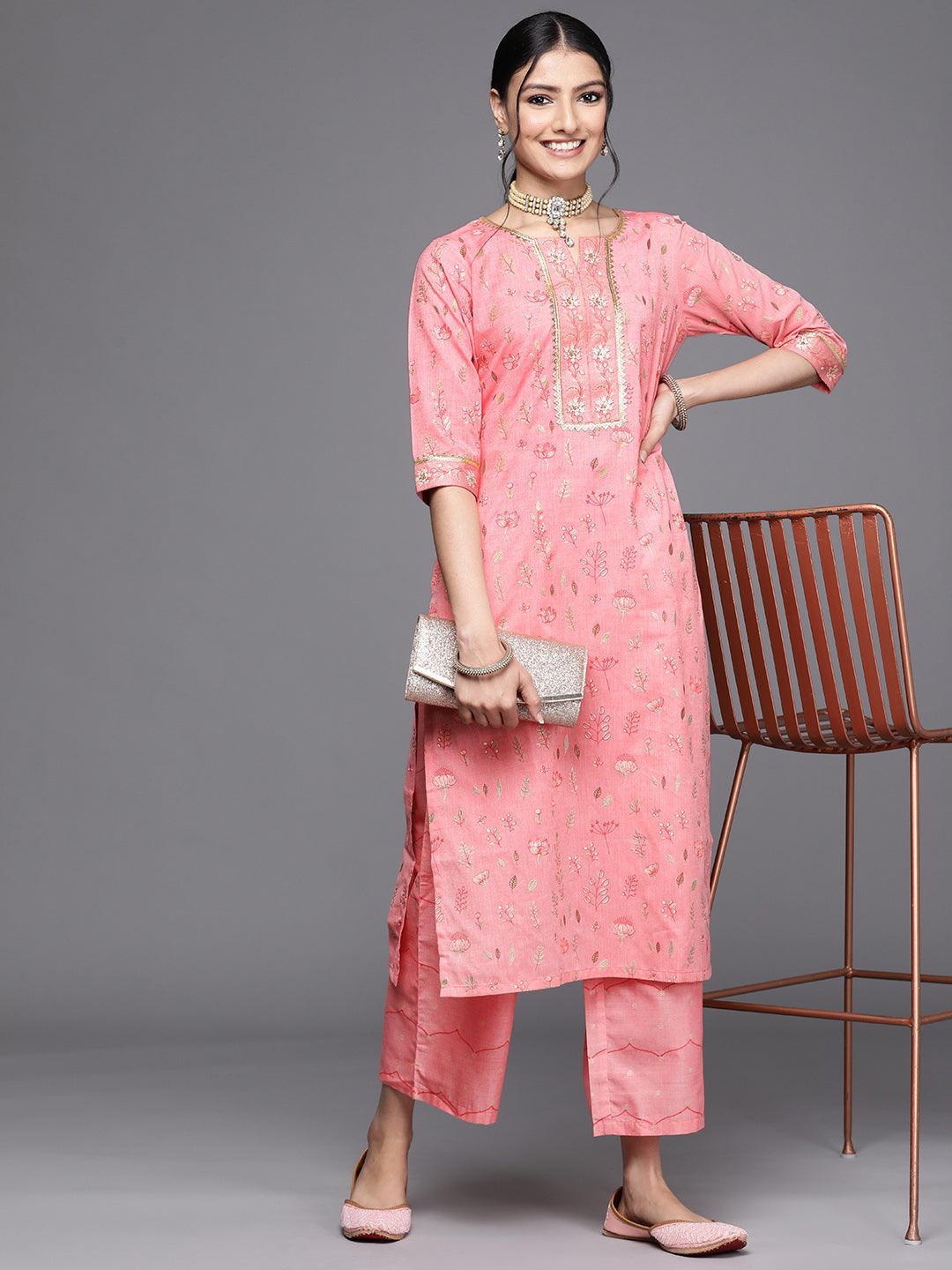 Pink Printed Cotton Silk Kurta - ShopLibas