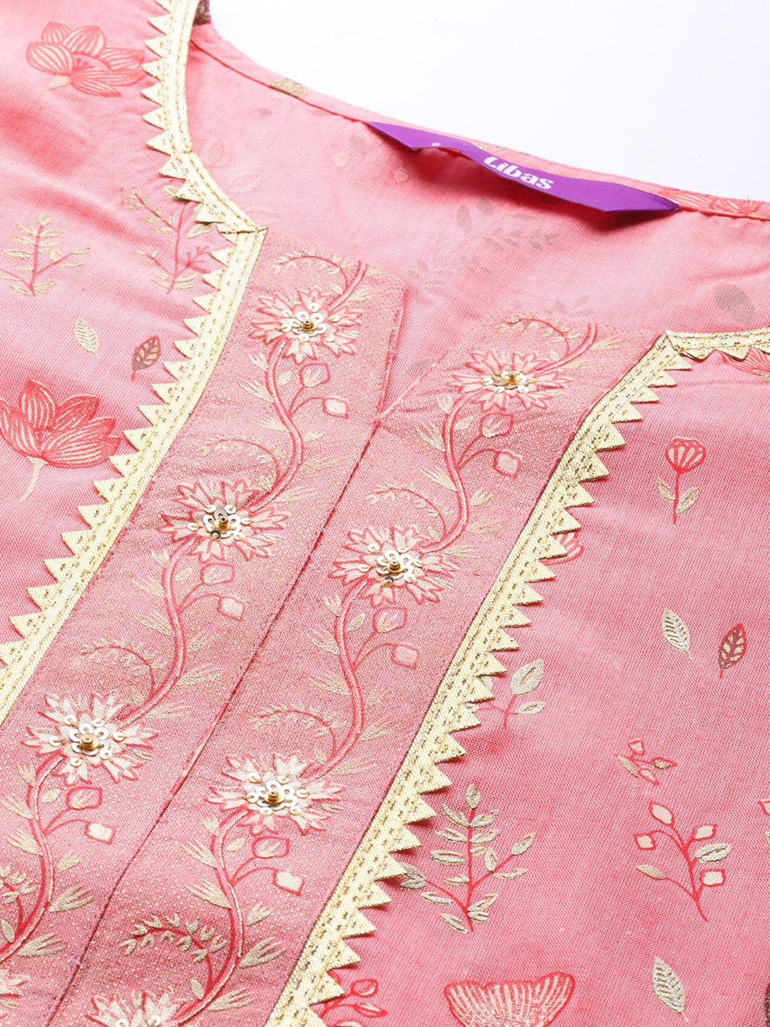 Pink Printed Cotton Silk Kurta