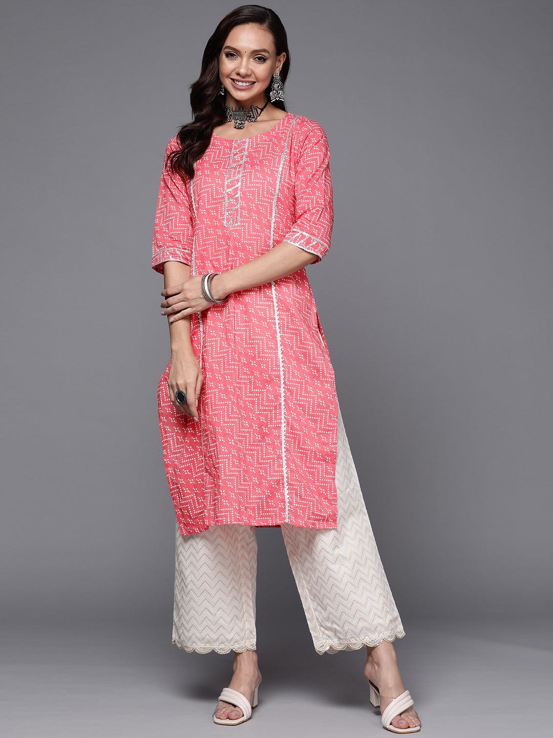 Pink Printed Cotton Straight Kurta