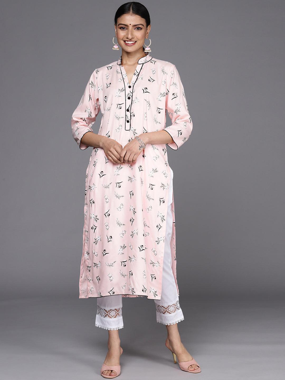 Pink Printed Cotton Straight Kurta